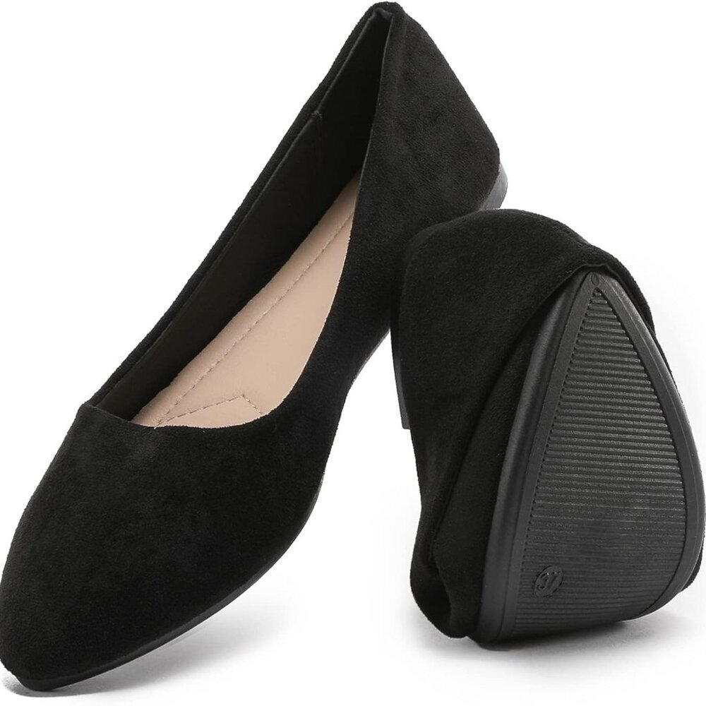 Women’s Black Suede Flats Comfortable Slip-On Pointed Toe Casual Shoes